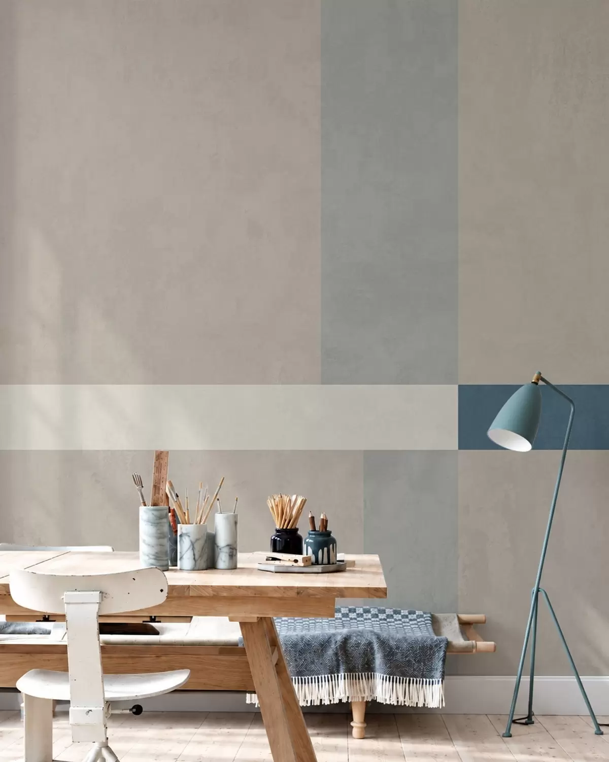 murais de parede Retângulos abstratos em bege e cinzento com um toque de azul w05891v2