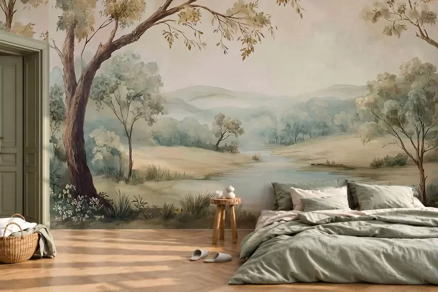 murais de parede Paisagem delicada com árvores, um lago e colinas ao longe w05957