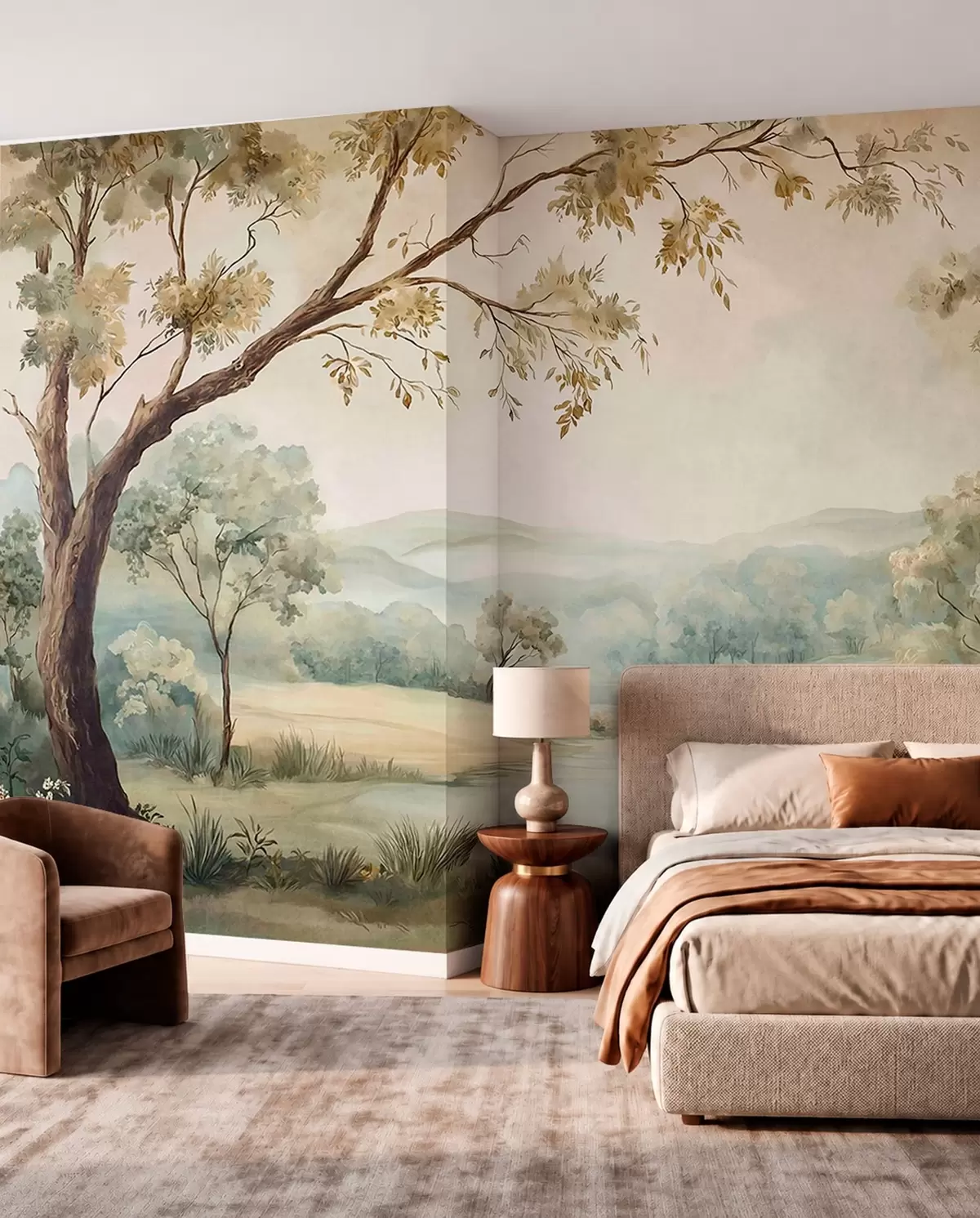murais de parede Paisagem delicada com árvores, um lago e colinas ao longe w05957