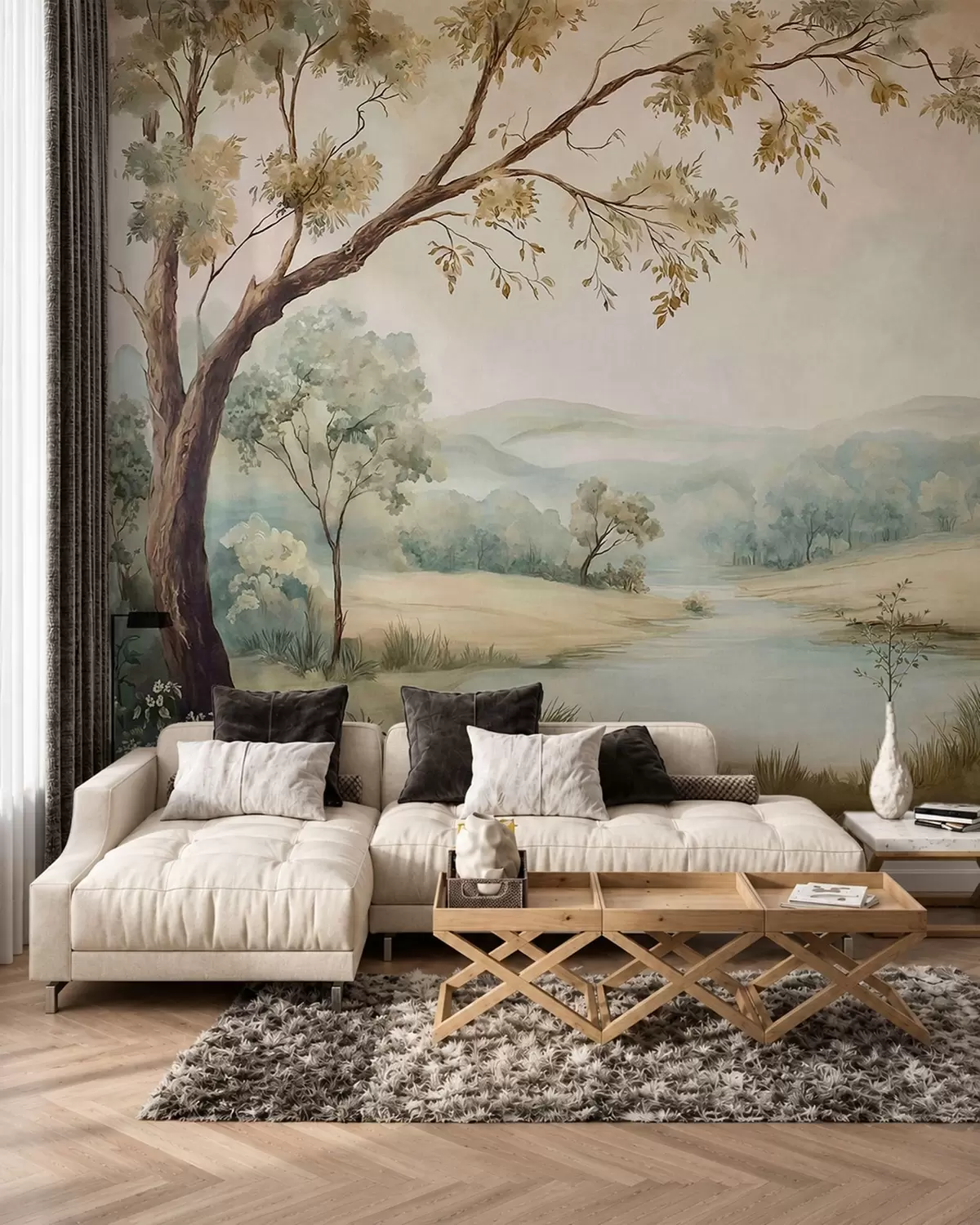 murais de parede Paisagem delicada com árvores, um lago e colinas ao longe w05957