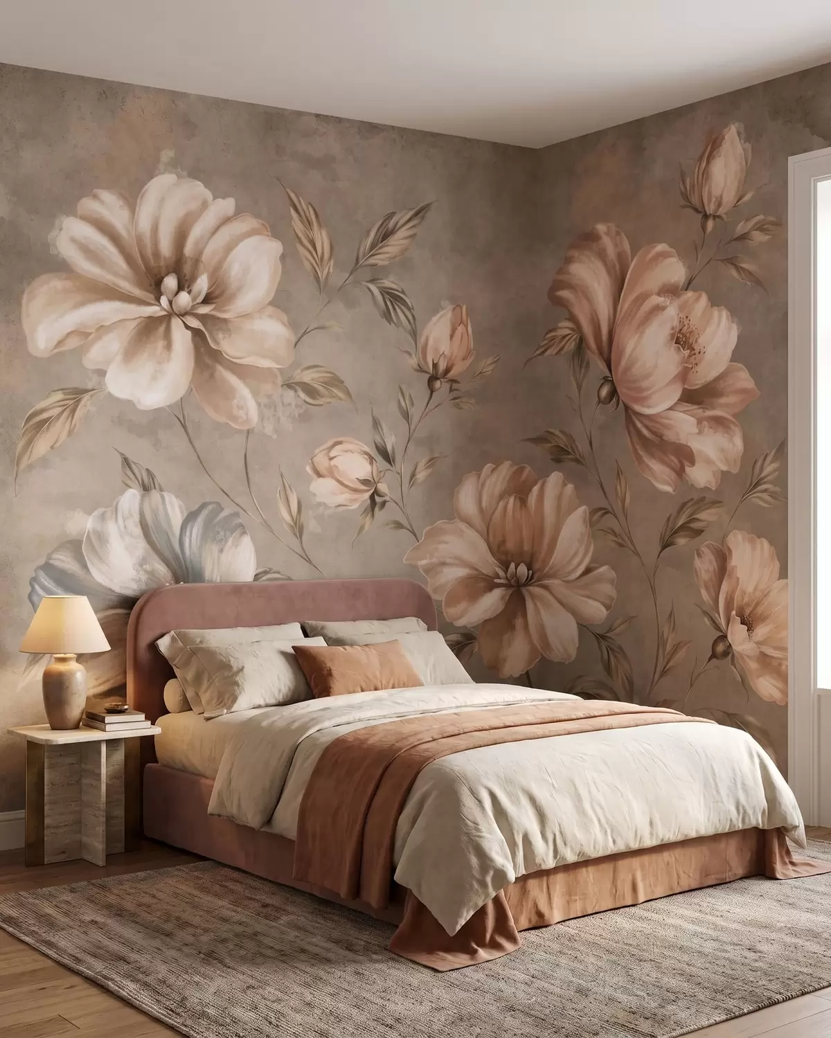 murais de parede Grandes flores em tons de creme e bege com folhas w05958