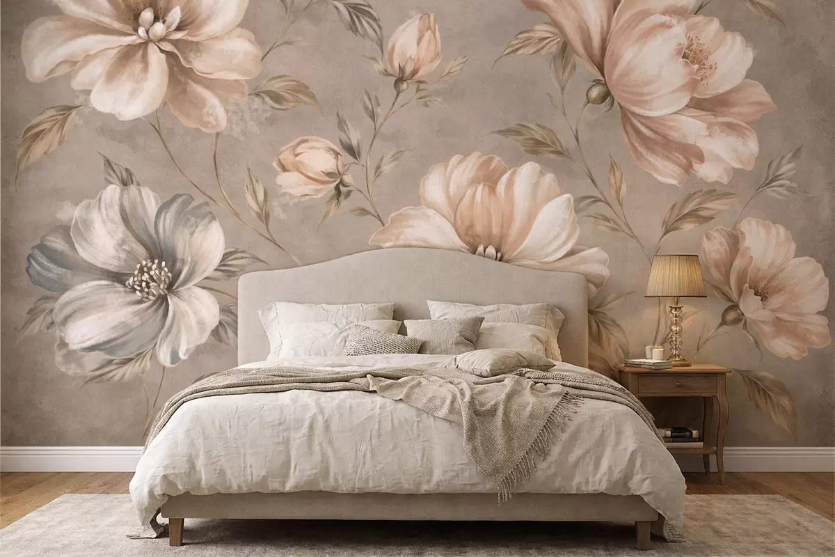 murais de parede Grandes flores em tons de creme e bege com folhas w05958