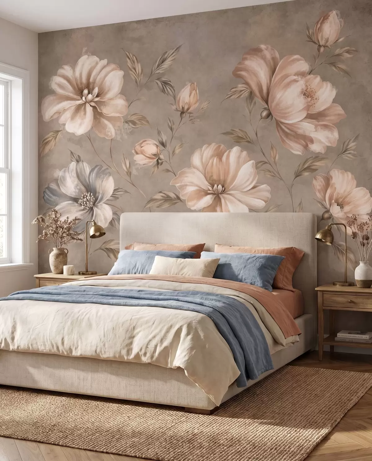 murais de parede Grandes flores em tons de creme e bege com folhas w05958