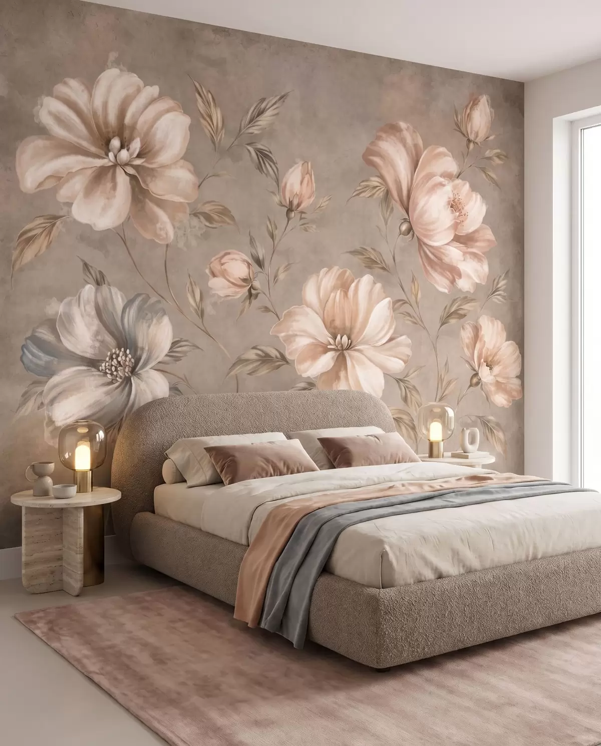 murais de parede Grandes flores em tons de creme e bege com folhas w05958