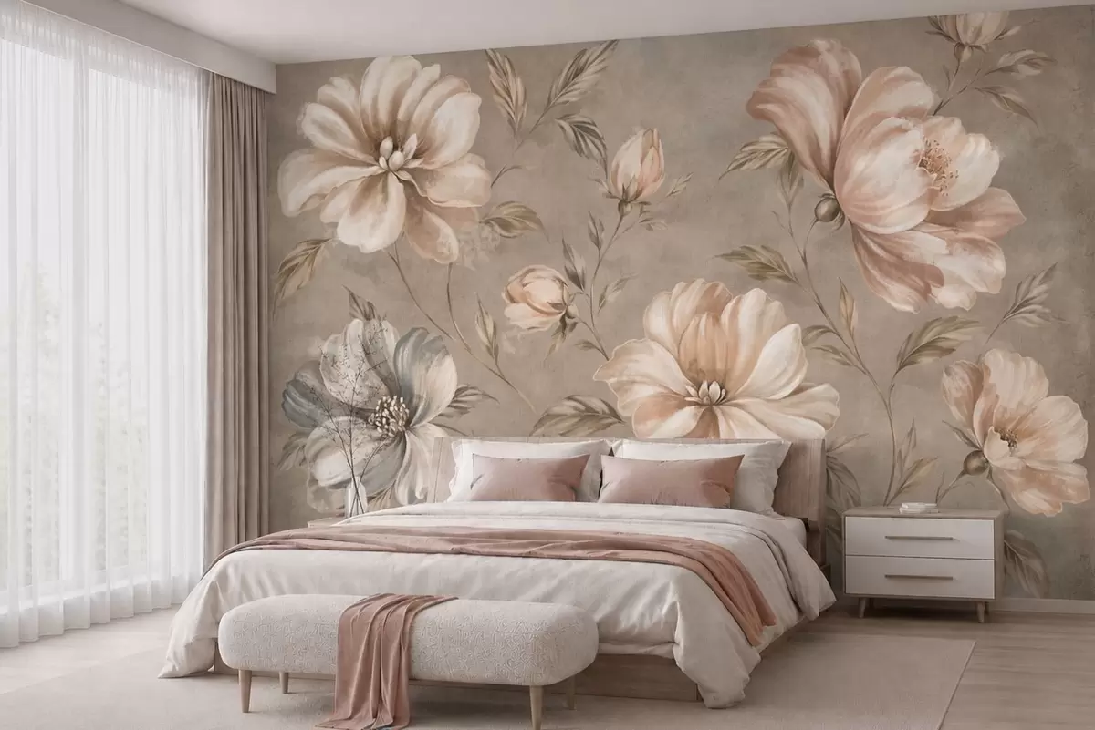 murais de parede Grandes flores em tons de creme e bege com folhas w05958