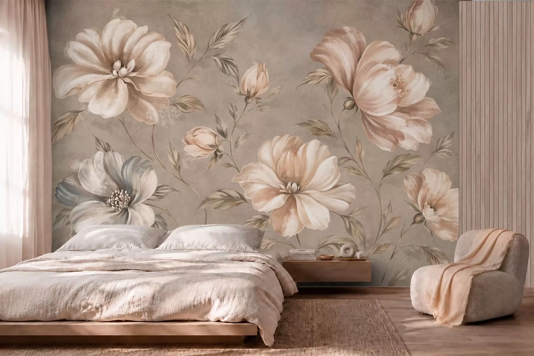 murais de parede Grandes flores em tons de creme e bege com folhas w05958