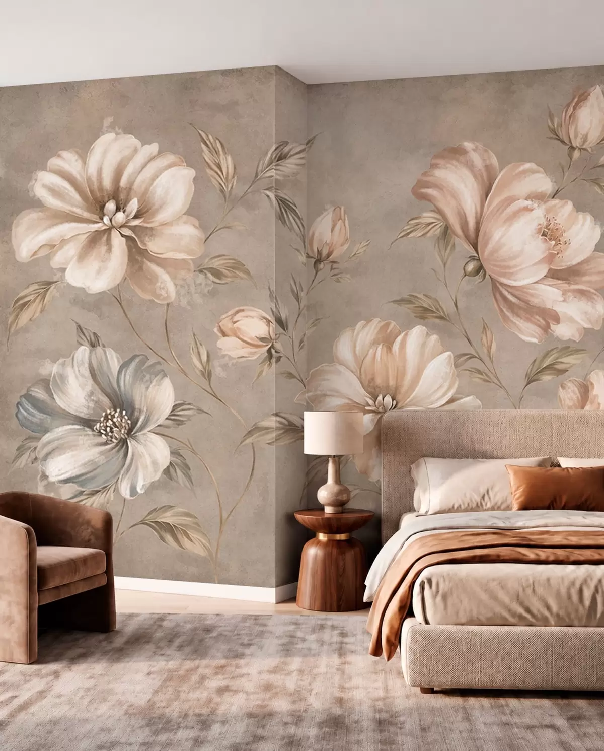 murais de parede Grandes flores em tons de creme e bege com folhas w05958