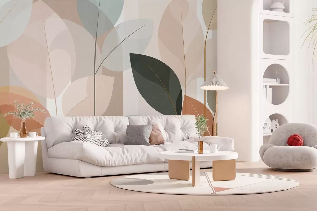 murais de parede um padrão abstrato com folhas num estilo de tecido mate, em tons de bege, terracota e pêssego w05986