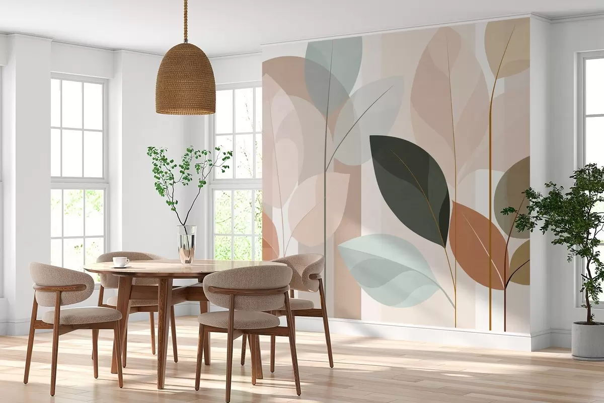 murais de parede um padrão abstrato com folhas num estilo de tecido mate, em tons de bege, terracota e pêssego w05986