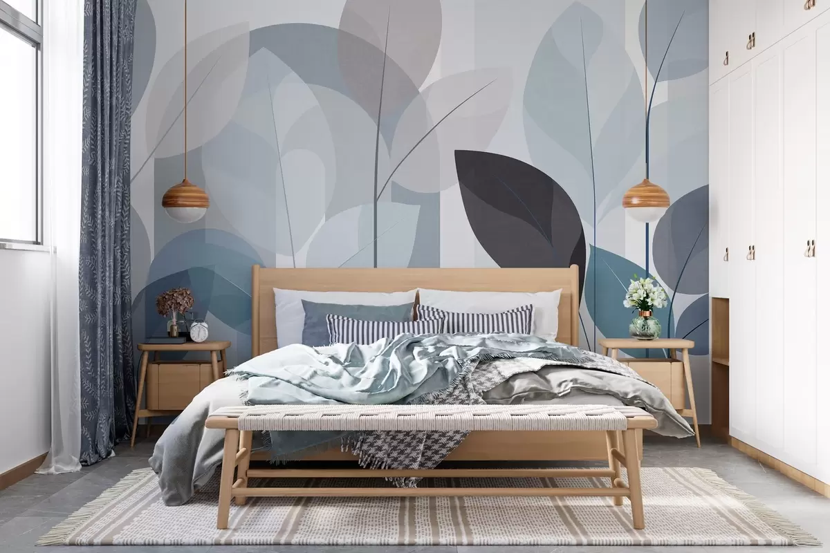 murais de parede um padrão abstrato com folhas num estilo de tecido mate em tons de azul w05986v2
