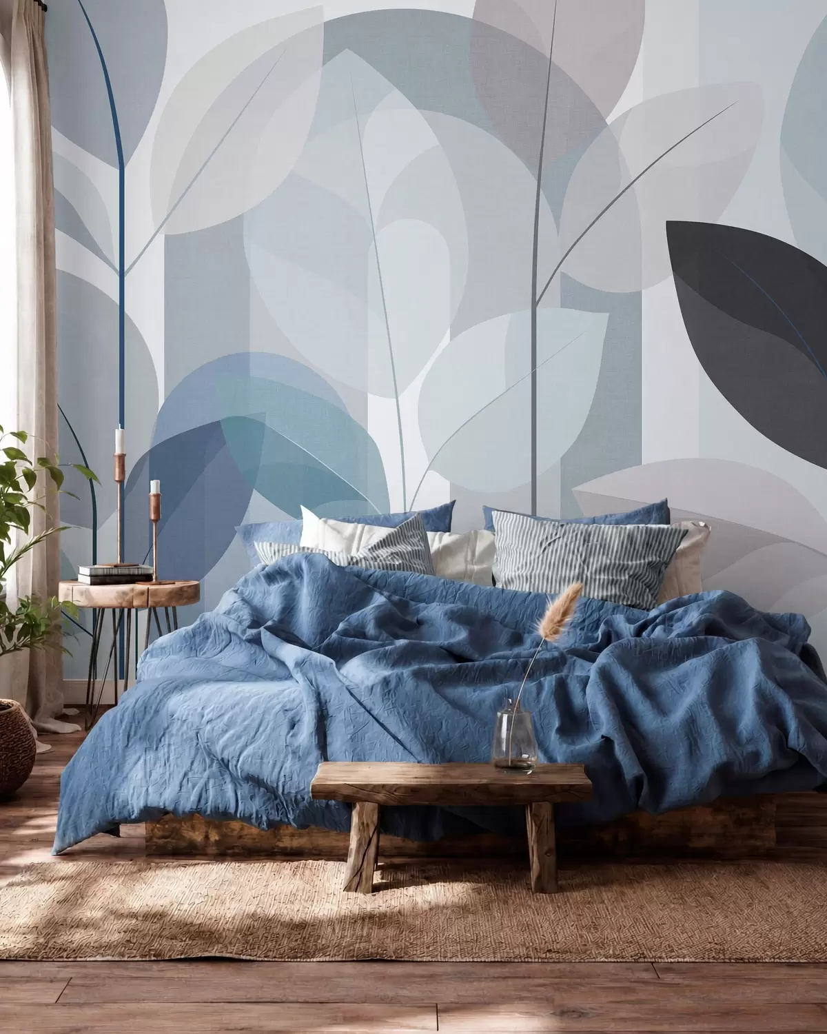 murais de parede um padrão abstrato com folhas num estilo de tecido mate em tons de azul w05986v2
