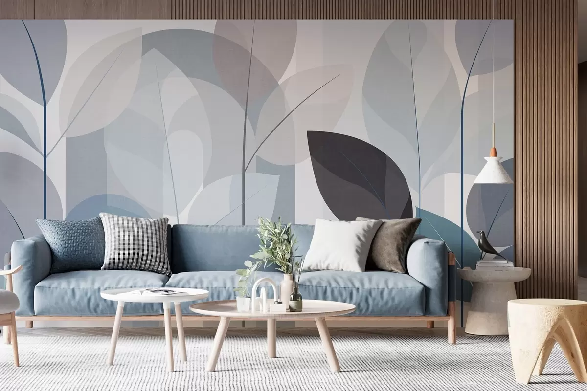 murais de parede um padrão abstrato com folhas num estilo de tecido mate em tons de azul w05986v2