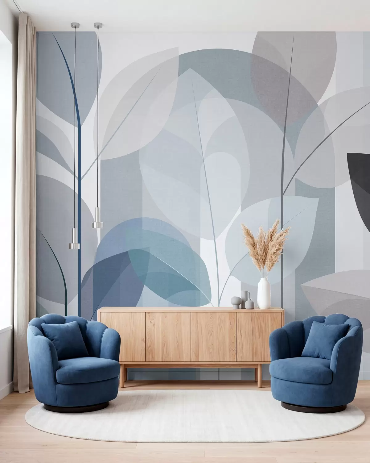 murais de parede um padrão abstrato com folhas num estilo de tecido mate em tons de azul w05986v2