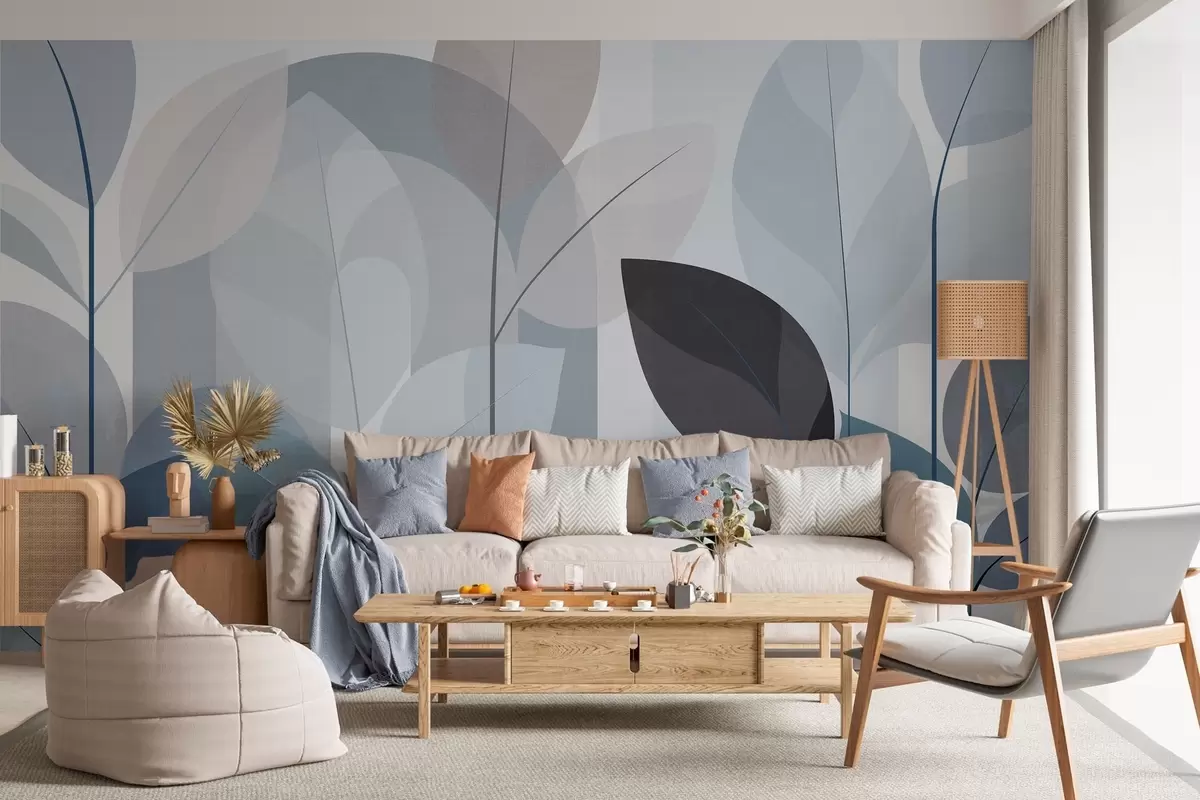 murais de parede um padrão abstrato com folhas num estilo de tecido mate em tons de azul w05986v2