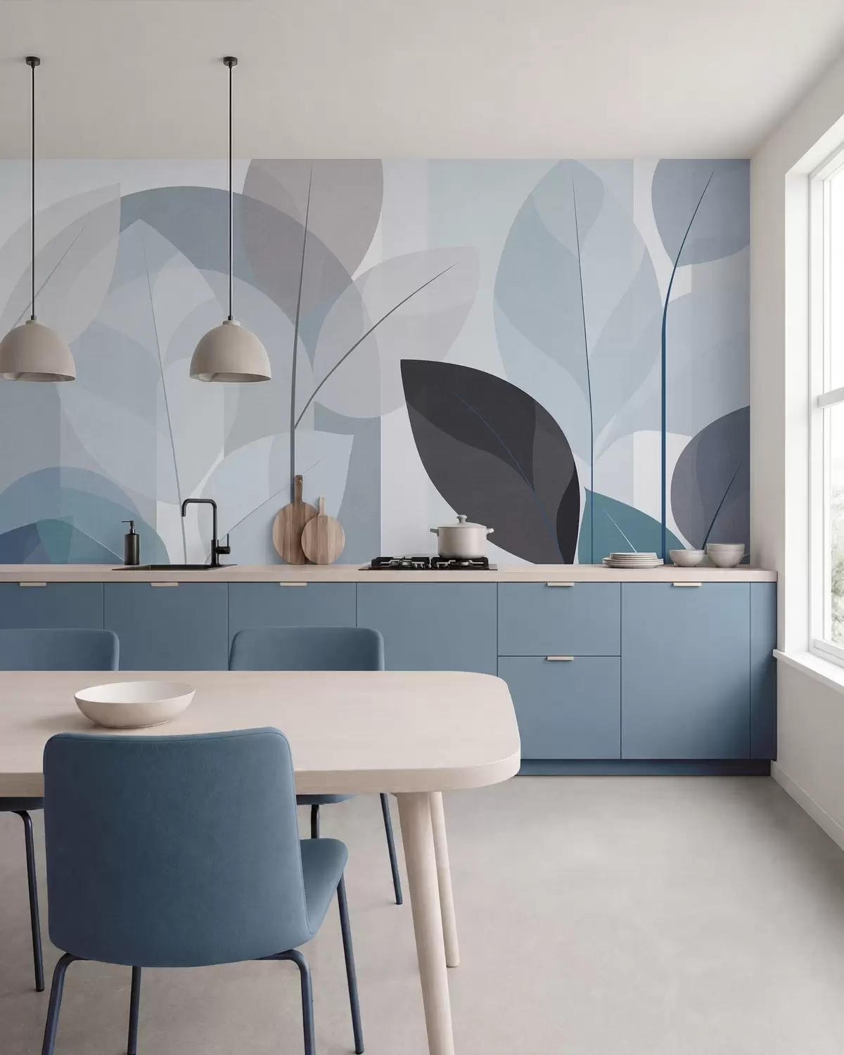 murais de parede um padrão abstrato com folhas num estilo de tecido mate em tons de azul w05986v2