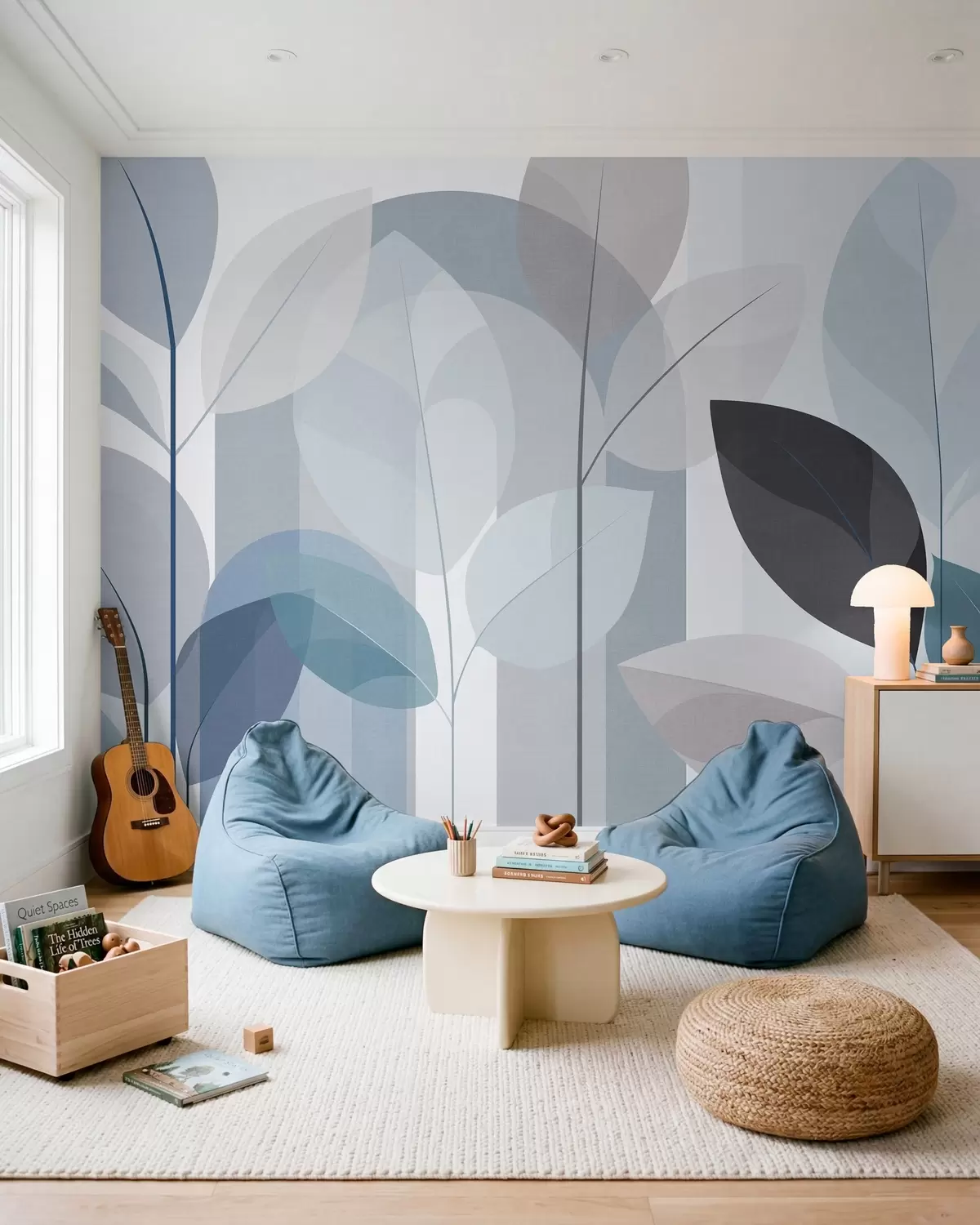 murais de parede um padrão abstrato com folhas num estilo de tecido mate em tons de azul w05986v2