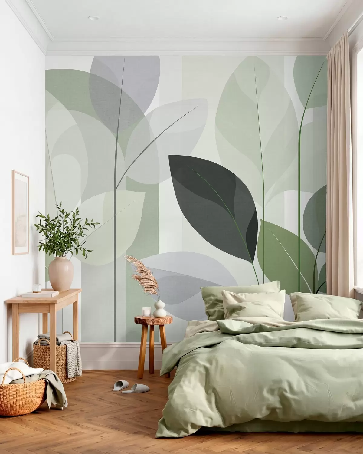 murais de parede um padrão abstrato com folhas num estilo de tecido mate em tons de verde w05986v1