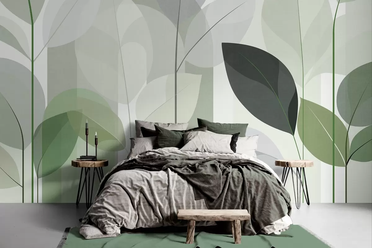 murais de parede um padrão abstrato com folhas num estilo de tecido mate em tons de verde w05986v1