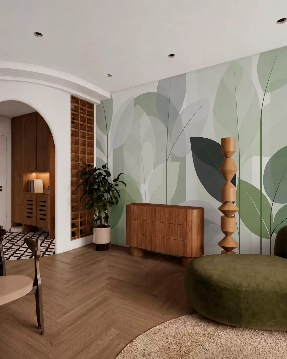 murais de parede um padrão abstrato com folhas num estilo de tecido mate em tons de verde w05986v1