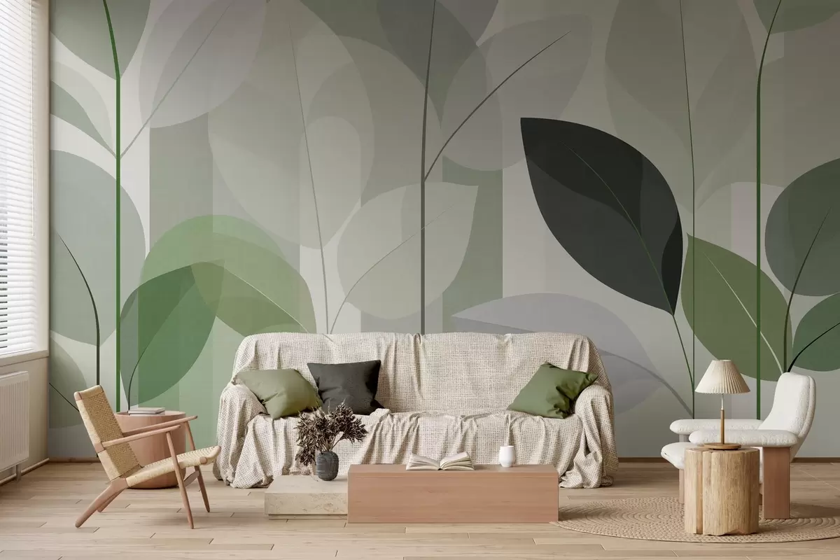 murais de parede um padrão abstrato com folhas num estilo de tecido mate em tons de verde w05986v1
