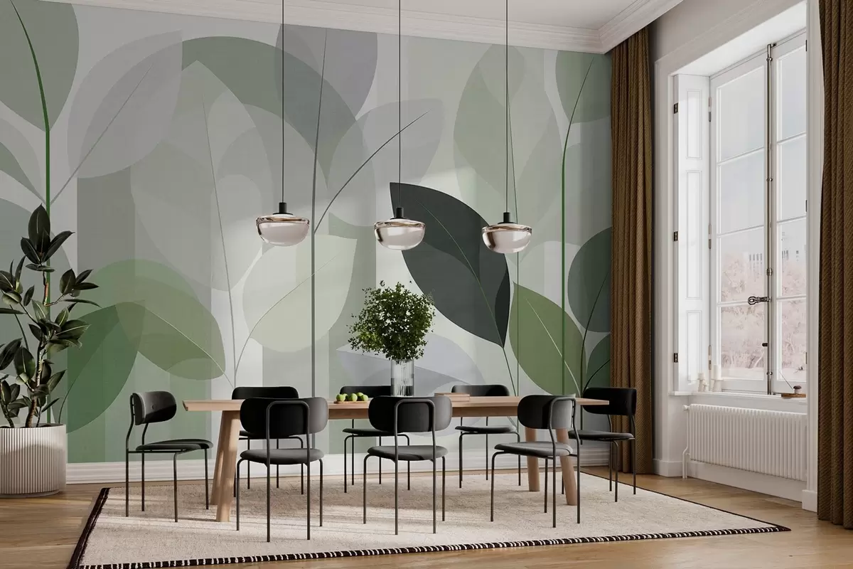 murais de parede um padrão abstrato com folhas num estilo de tecido mate em tons de verde w05986v1