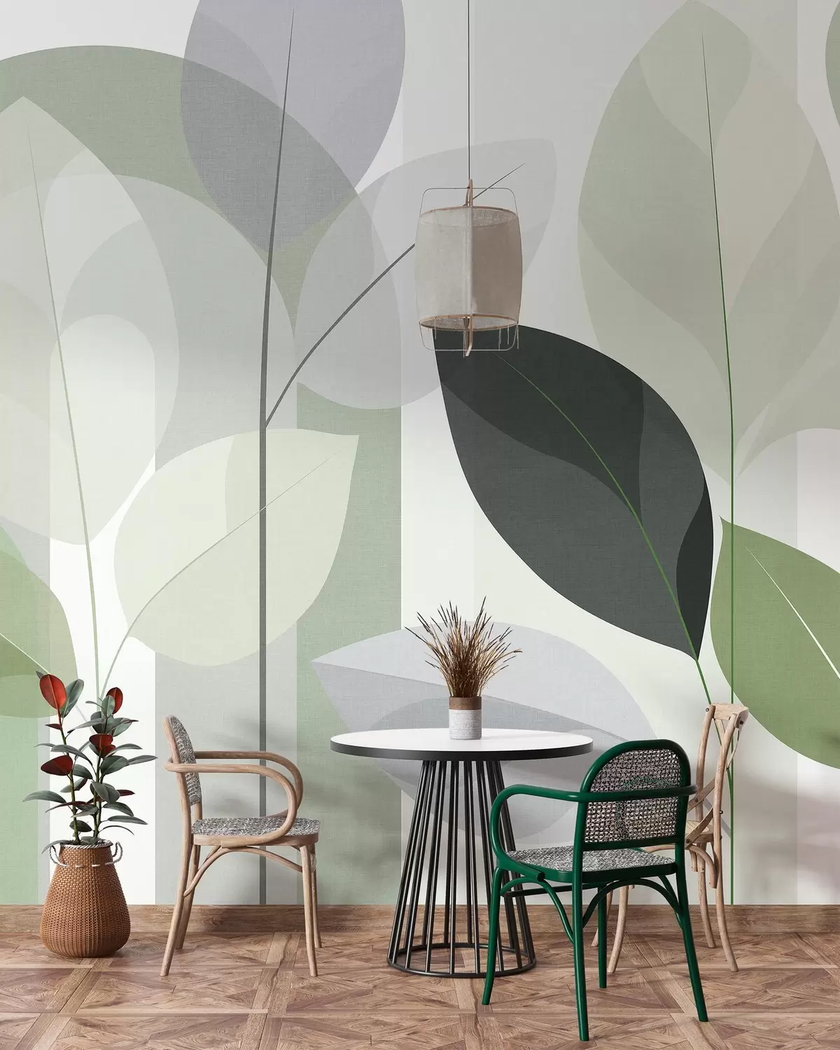 murais de parede um padrão abstrato com folhas num estilo de tecido mate em tons de verde w05986v1