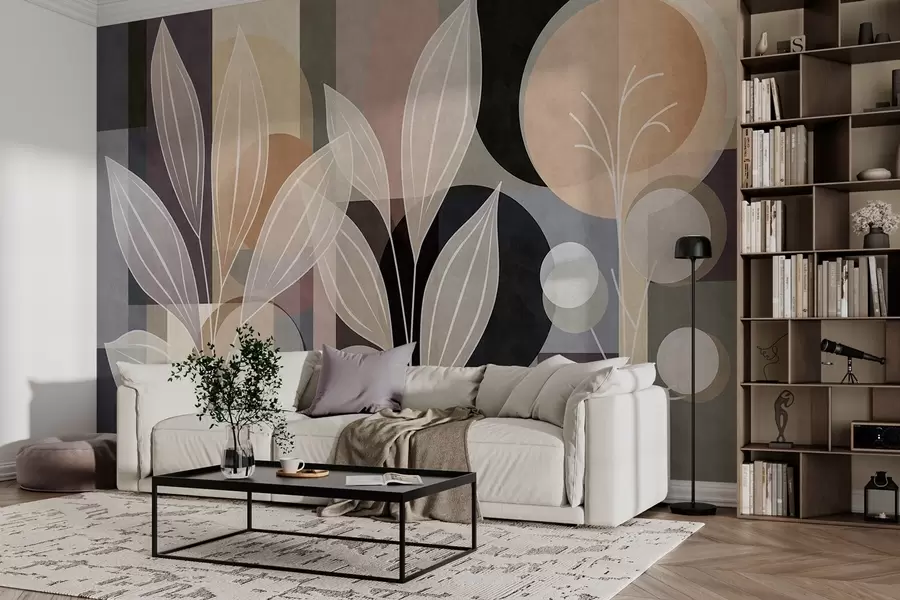 murais de parede folhas estilizadas sobre um fundo geométrico em tons de bege e cores escuras w05987