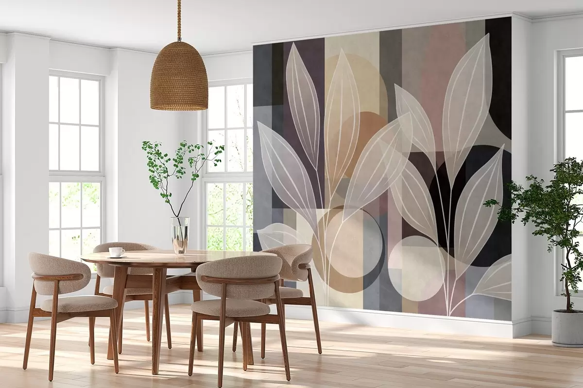 murais de parede folhas estilizadas sobre um fundo geométrico em tons de bege e cores escuras w05987