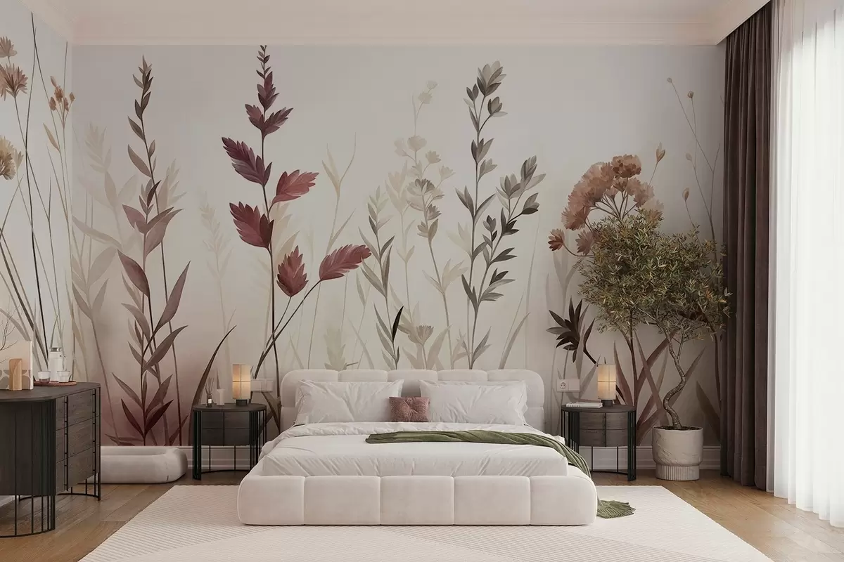 murais de parede Ervas altas e flores silvestres em tons terrosos suaves, estética minimalista w10084