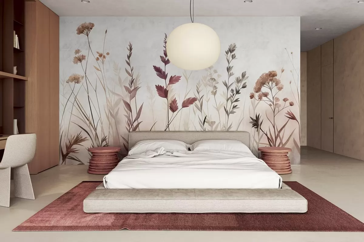 murais de parede Ervas altas e flores silvestres em tons terrosos suaves, estética minimalista w10084