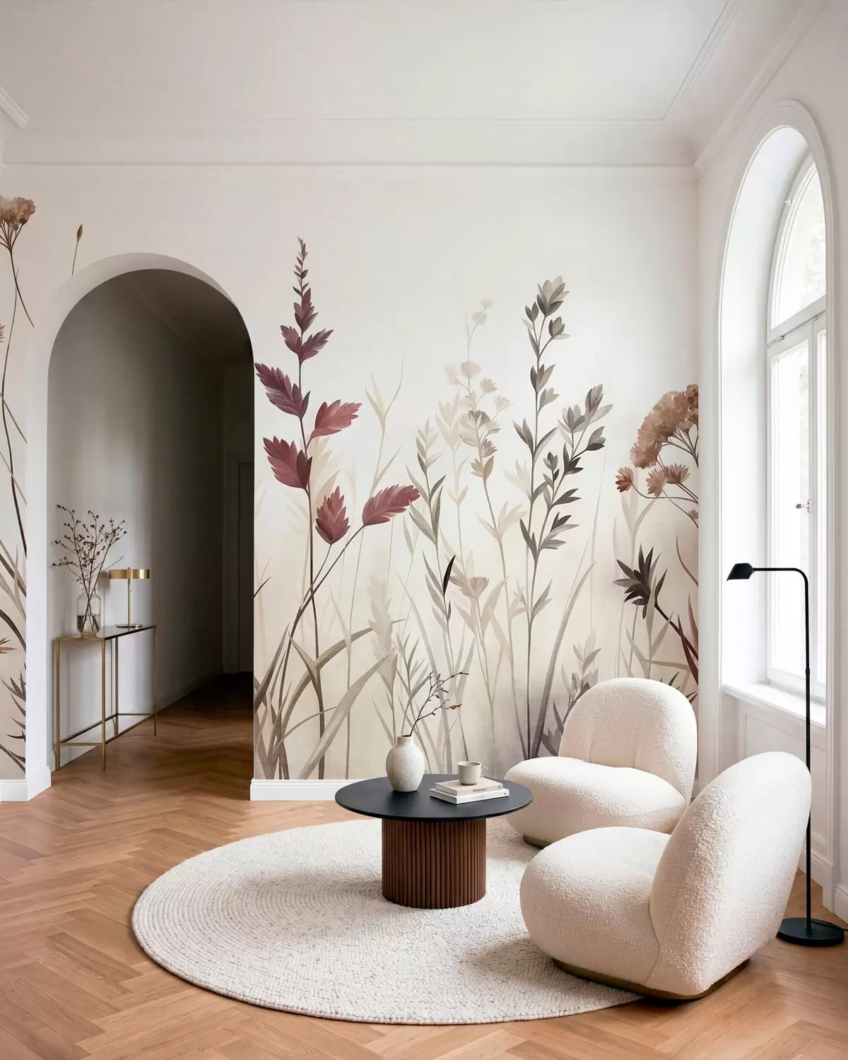 murais de parede Ervas altas e flores silvestres em tons terrosos suaves, estética minimalista w10084