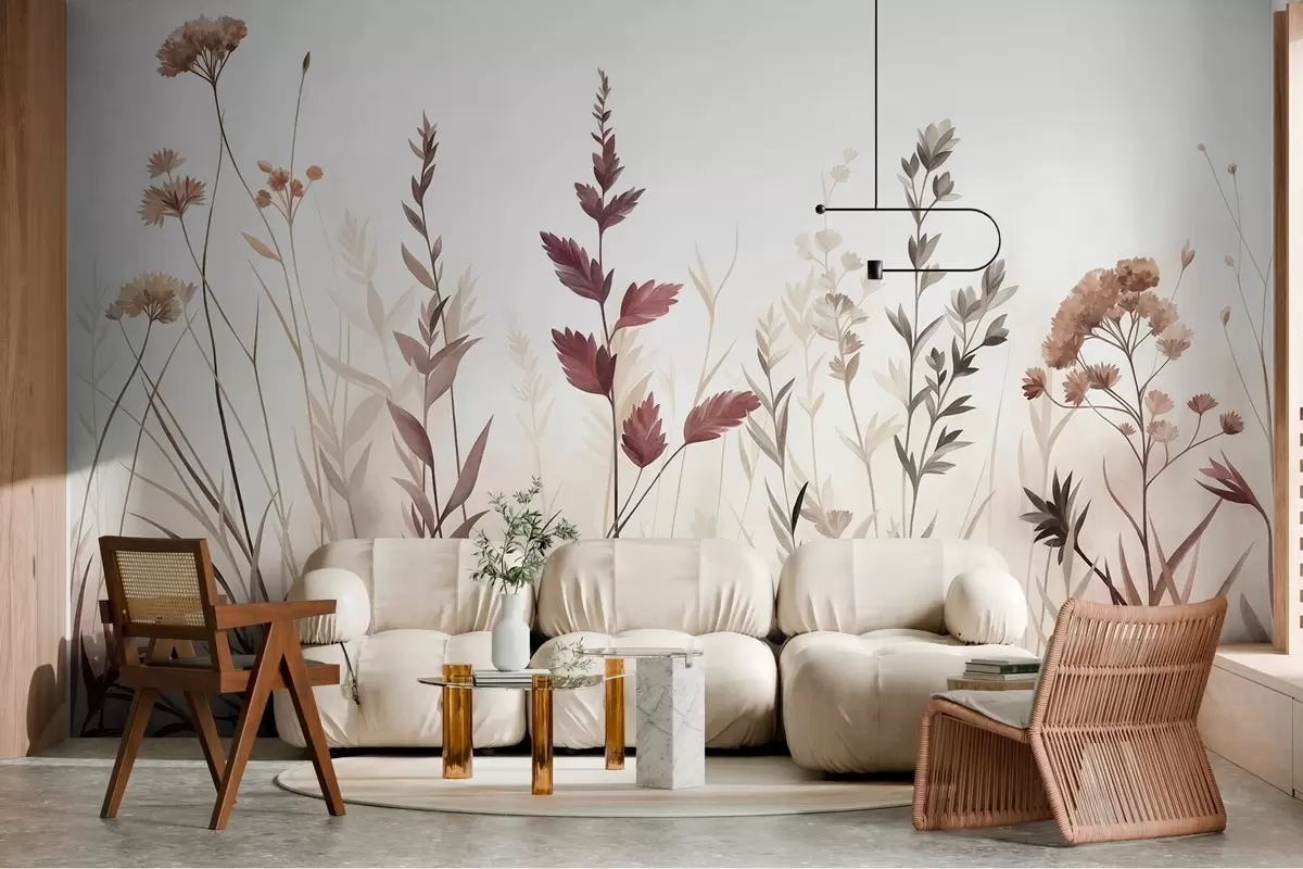 murais de parede Ervas altas e flores silvestres em tons terrosos suaves, estética minimalista w10084