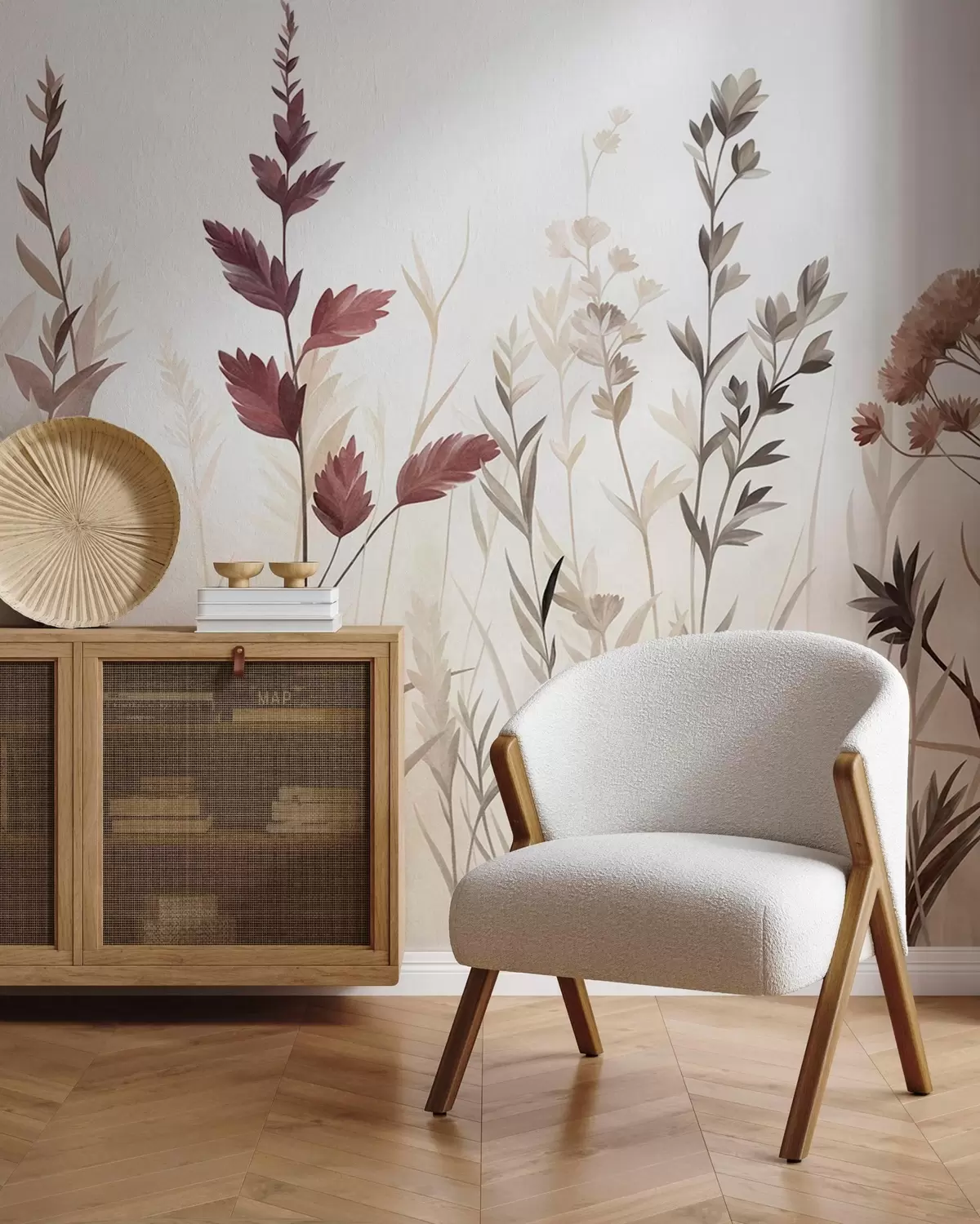 murais de parede Ervas altas e flores silvestres em tons terrosos suaves, estética minimalista w10084