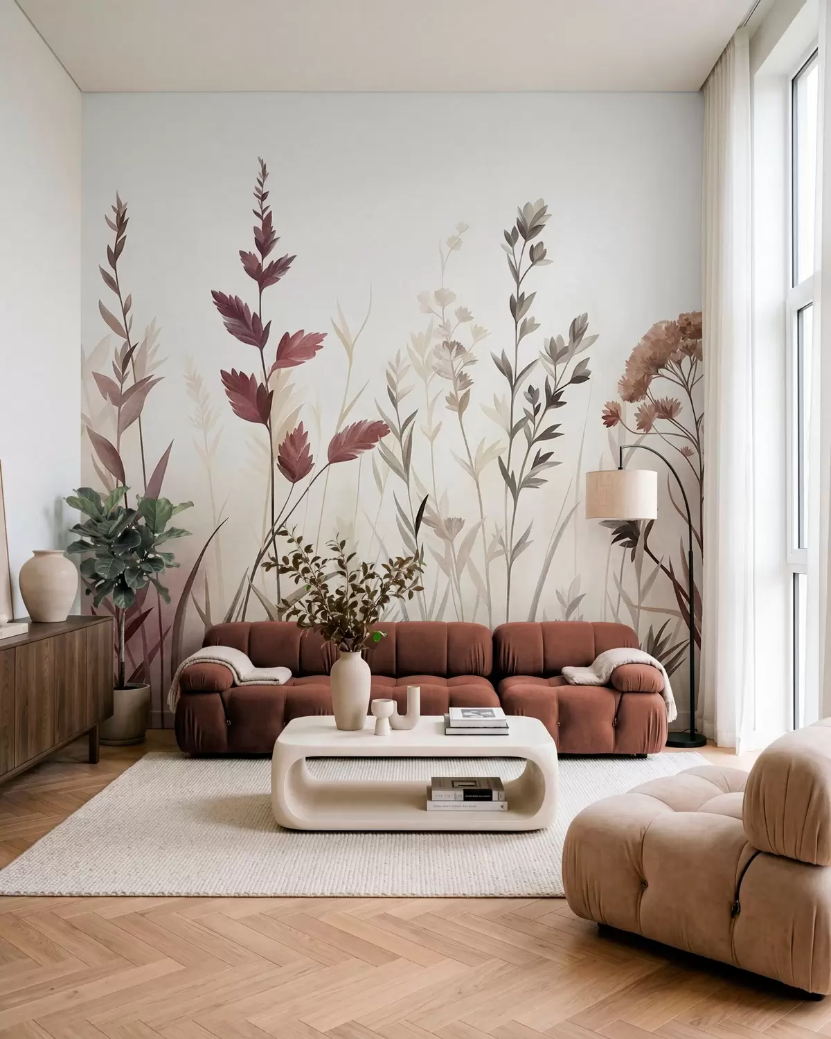 murais de parede Ervas altas e flores silvestres em tons terrosos suaves, estética minimalista w10084