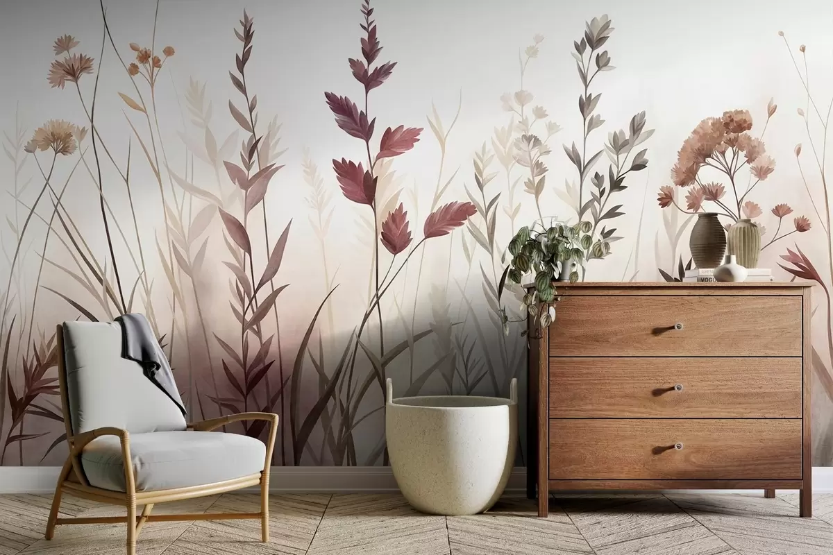 murais de parede Ervas altas e flores silvestres em tons terrosos suaves, estética minimalista w10084