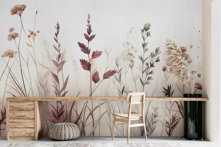 murais de parede Ervas altas e flores silvestres em tons terrosos suaves, estética minimalista w10084