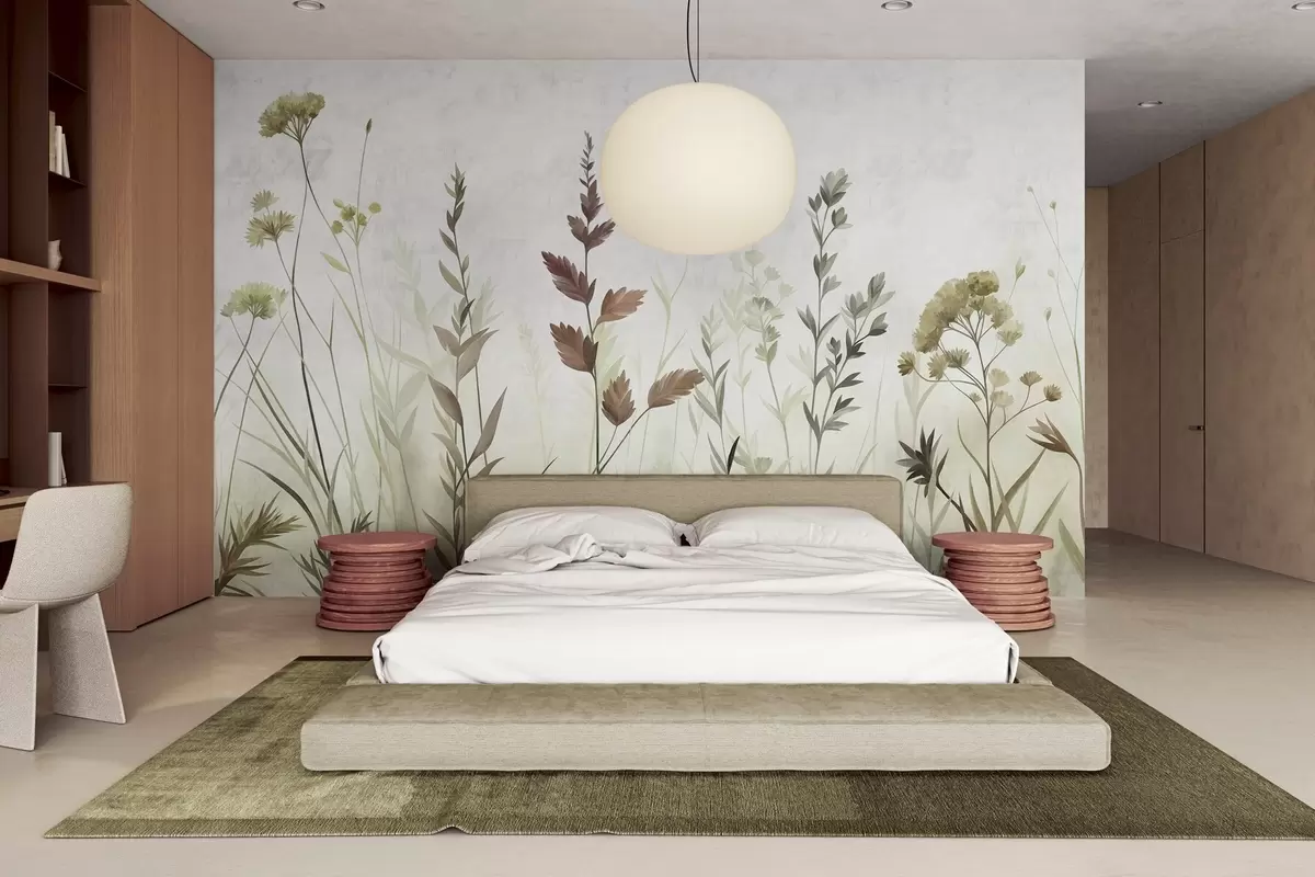 murais de parede Ervas altas e flores silvestres em tons suaves de verde, estética minimalista w10084v1