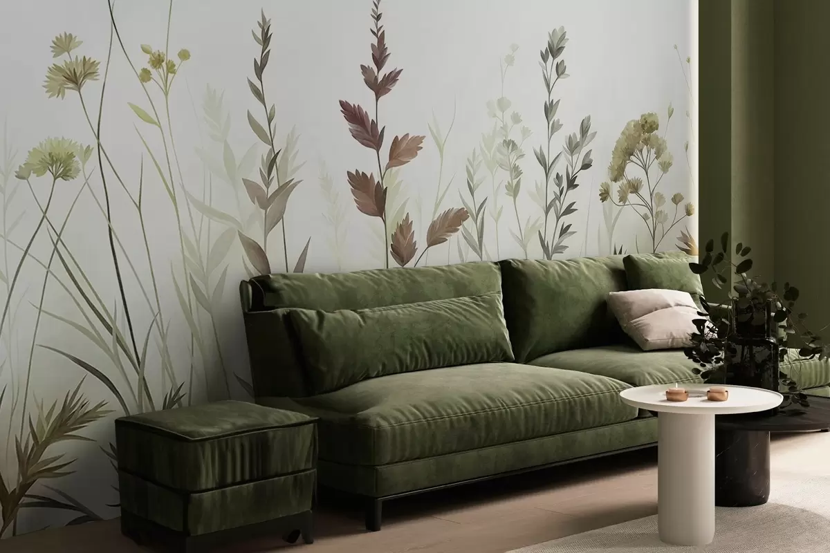 murais de parede Ervas altas e flores silvestres em tons suaves de verde, estética minimalista w10084v1