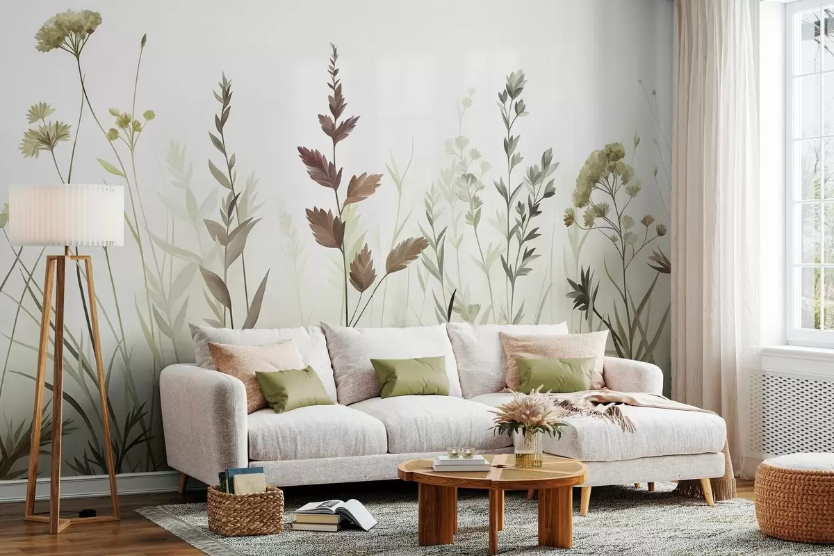 murais de parede Ervas altas e flores silvestres em tons suaves de verde, estética minimalista w10084v1