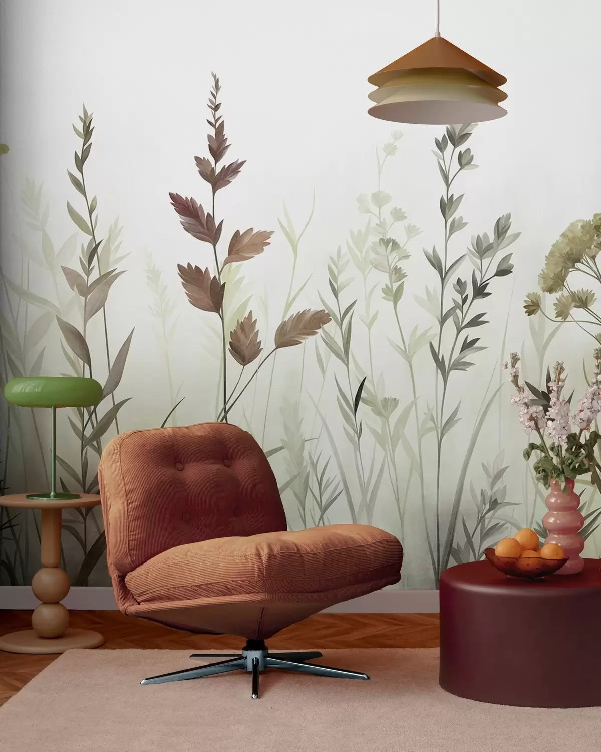 murais de parede Ervas altas e flores silvestres em tons suaves de verde, estética minimalista w10084v1