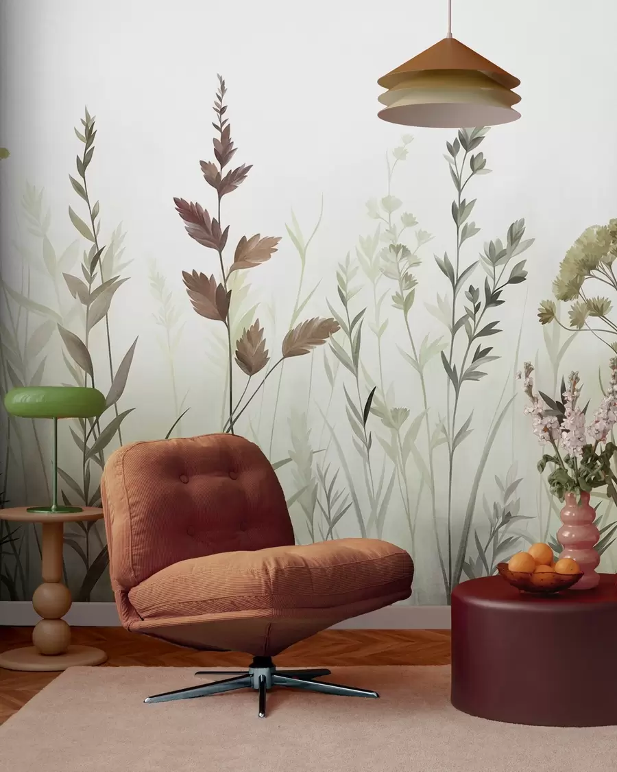 murais de parede Ervas altas e flores silvestres em tons suaves de verde, estética minimalista w10084v1