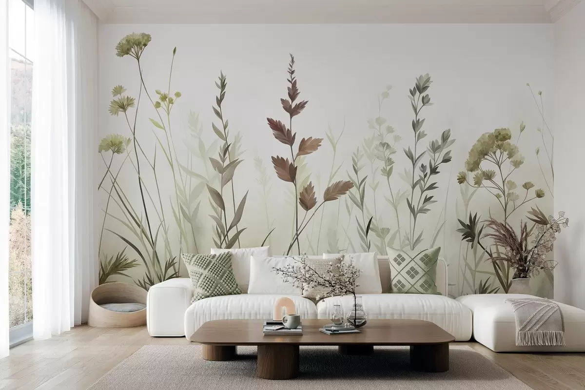 murais de parede Ervas altas e flores silvestres em tons suaves de verde, estética minimalista w10084v1