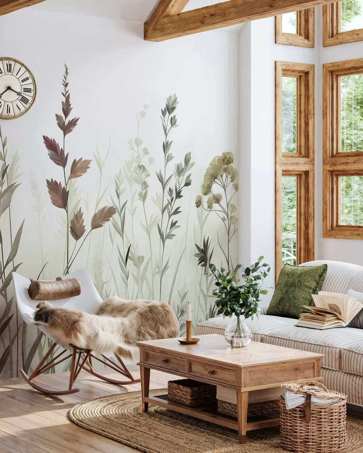 murais de parede Ervas altas e flores silvestres em tons suaves de verde, estética minimalista w10084v1