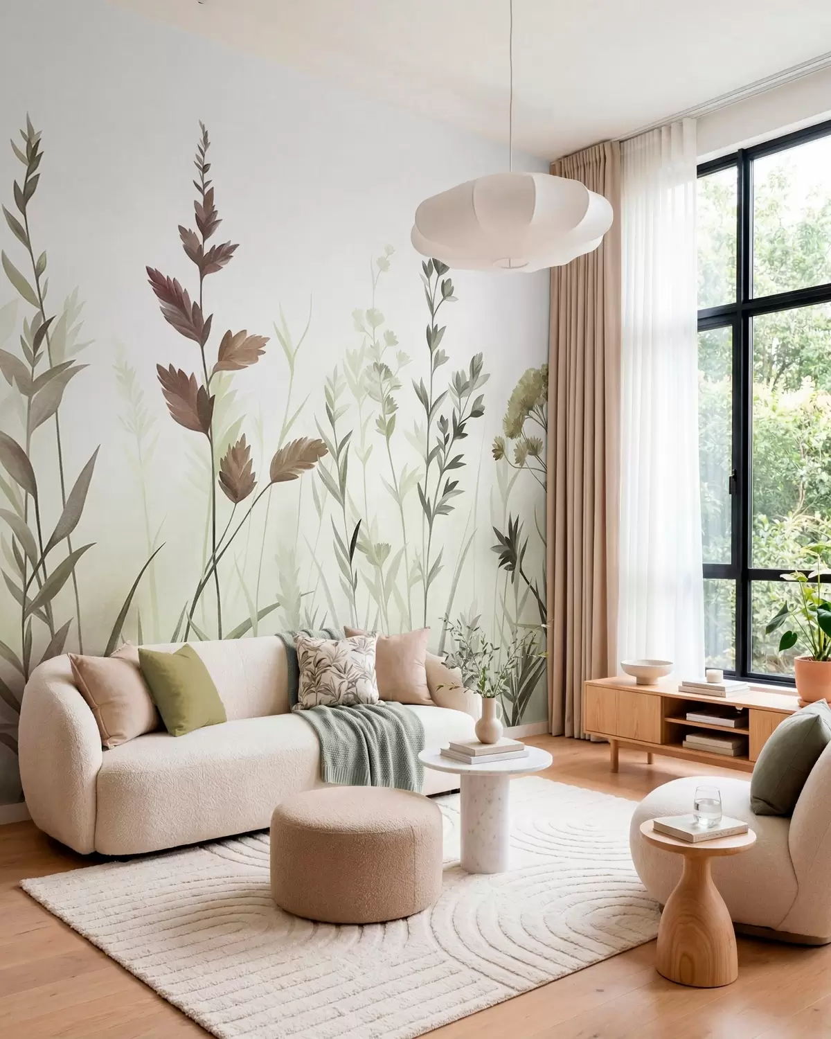 murais de parede Ervas altas e flores silvestres em tons suaves de verde, estética minimalista w10084v1