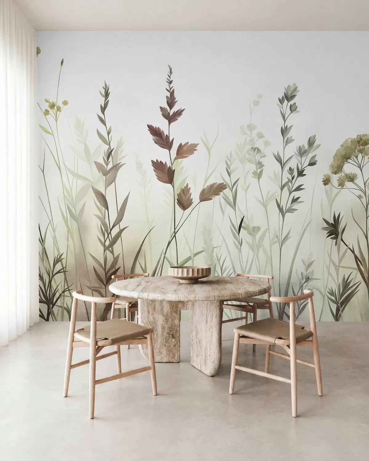 murais de parede Ervas altas e flores silvestres em tons suaves de verde, estética minimalista w10084v1