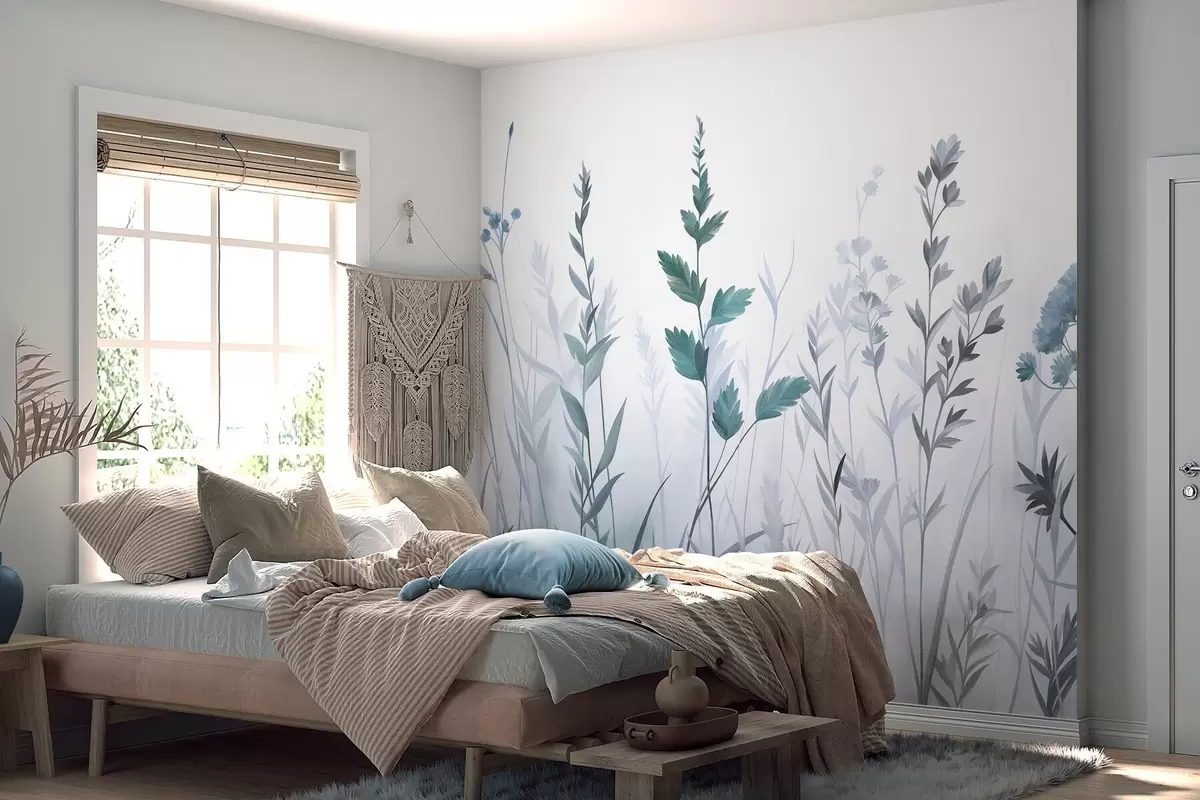 murais de parede Ervas altas e flores silvestres em tons suaves de azul, estética minimalista w10084v2