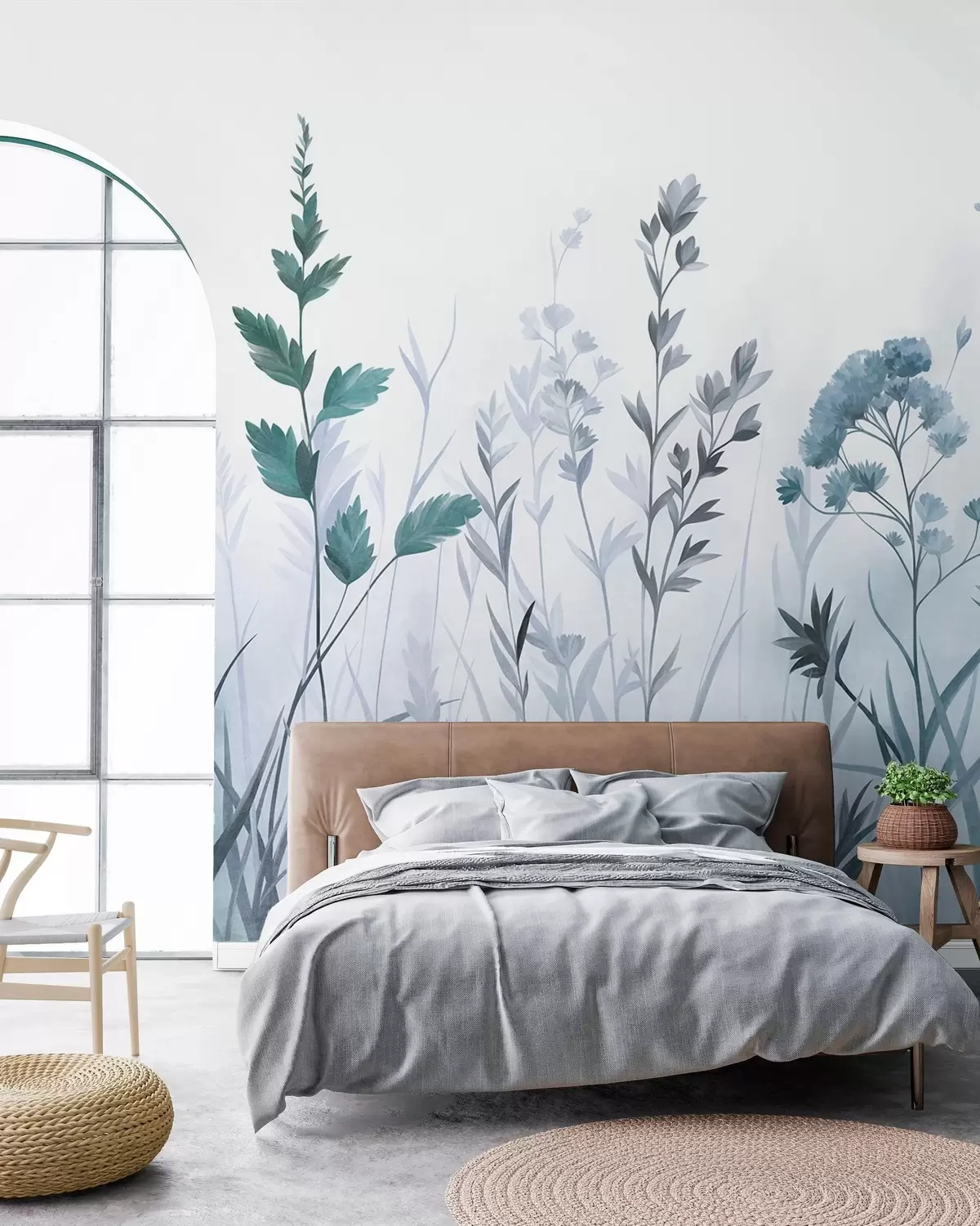 murais de parede Ervas altas e flores silvestres em tons suaves de azul, estética minimalista w10084v2