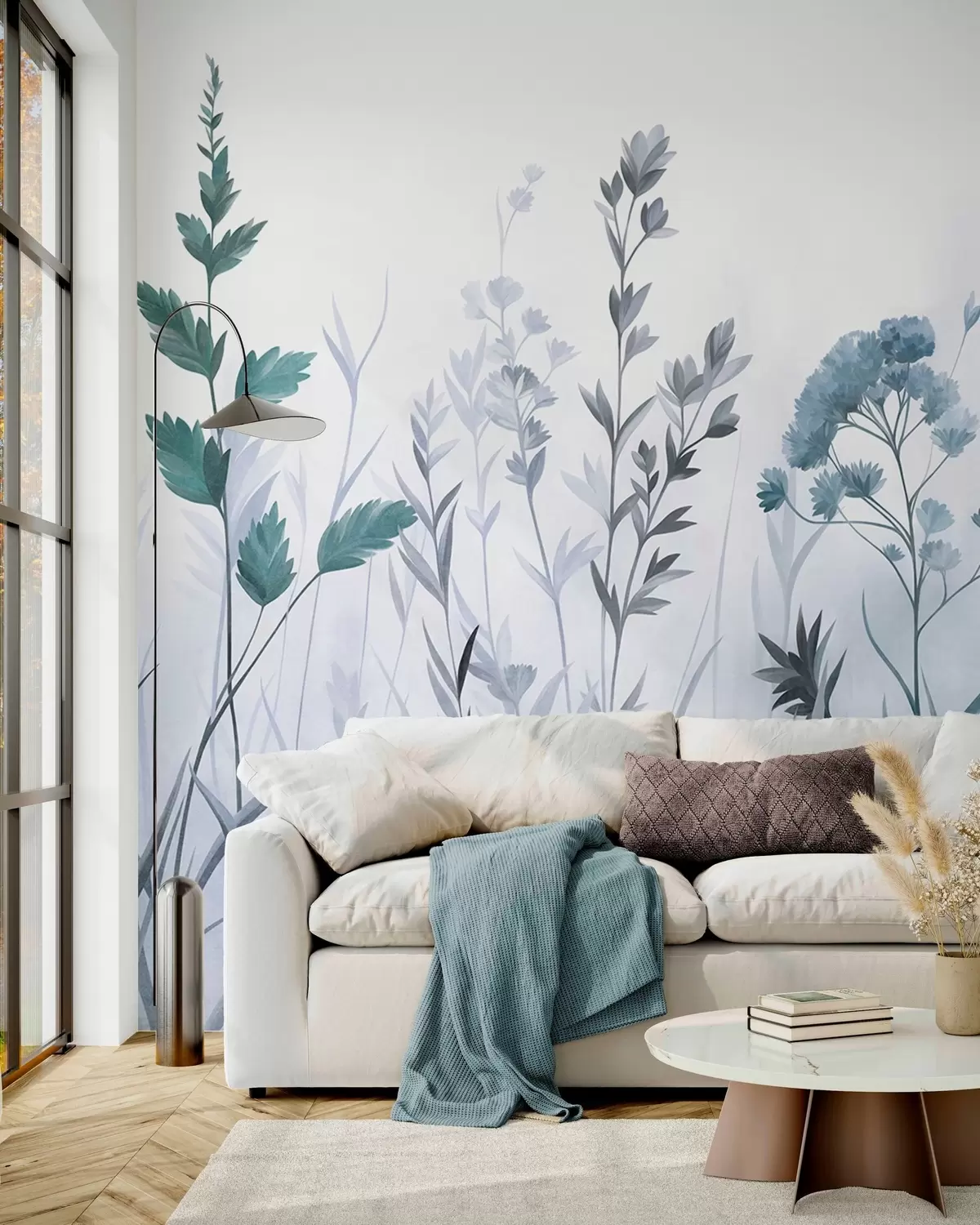 murais de parede Ervas altas e flores silvestres em tons suaves de azul, estética minimalista w10084v2