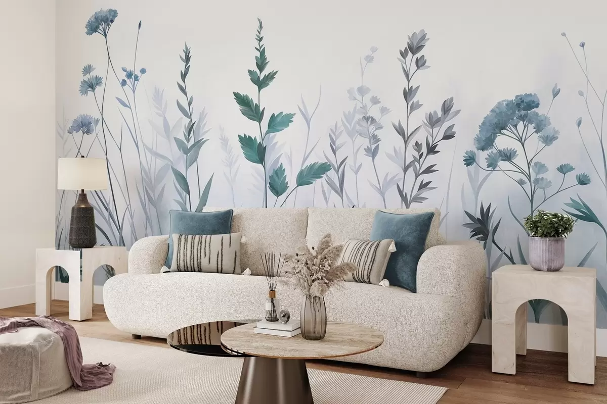 murais de parede Ervas altas e flores silvestres em tons suaves de azul, estética minimalista w10084v2