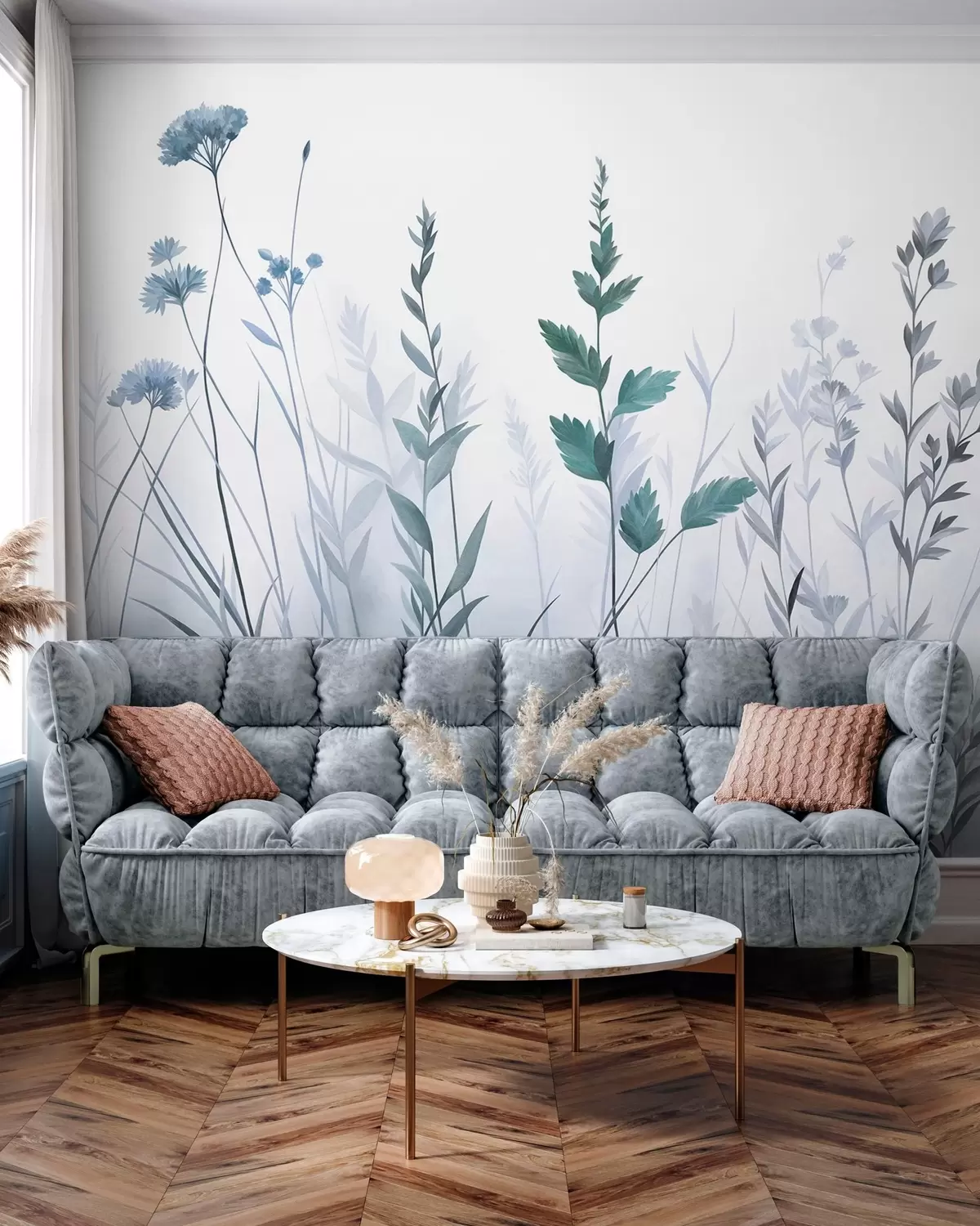 murais de parede Ervas altas e flores silvestres em tons suaves de azul, estética minimalista w10084v2